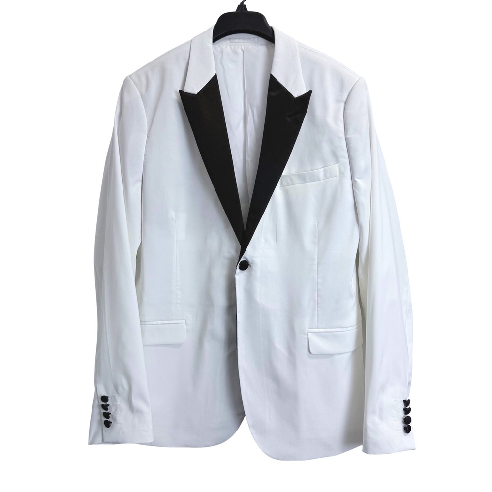 boohooMAN Mens White Tuxedo Blazer Black Contrast Peak Lapel Size US 42